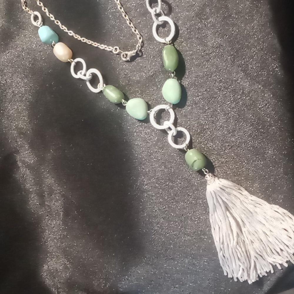 Chico's designer tassel necklace 22 inches long green, teal ,peach beaded